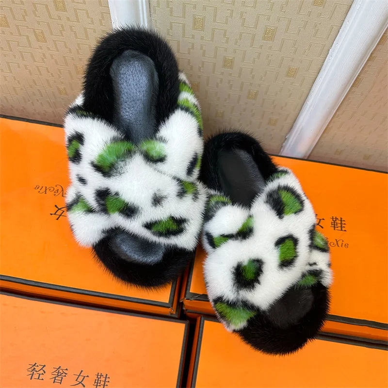 Fashion Women Slippers Mink Fur Slippers Plush Warm Female EVA Flat Bottom Non-slip Comfortable Slides Summers House Women Shoes