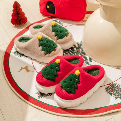 Christmas Tree Women's Slippers Flat Fluffy Cartoon Winter Woman Shoes Home Plush New Luxury Designer Fuzzy Fur Slides Soft Sole