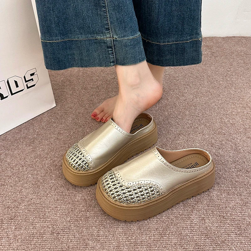 New Summer Women Ladies Stylish Perforated Woven Chunky Platform Mule Clogs Round Toe Non Slip Casual Slide Slippres Dress Shoes