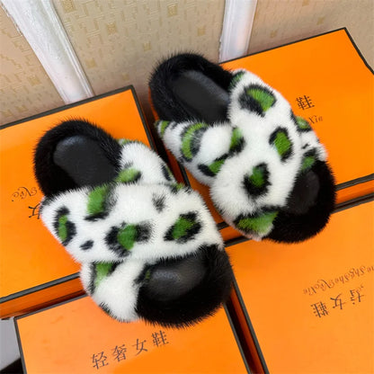 Fashion Women Slippers Mink Fur Slippers Plush Warm Female EVA Flat Bottom Non-slip Comfortable Slides Summers House Women Shoes