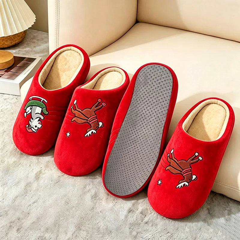 Lightweight Flat Heel Bedroom Slippers Women Winter 2026 Warm Short Plush Indoor Slippers Cute Christmas Couple Home Slides