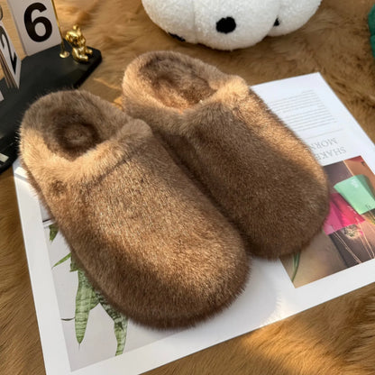 Women Faux Fur Mules Winter Warm Plush Slippers Woman Closed Toe Outdoor Non-slip Platform Clogs Comfortable Fluffy Home Shoes