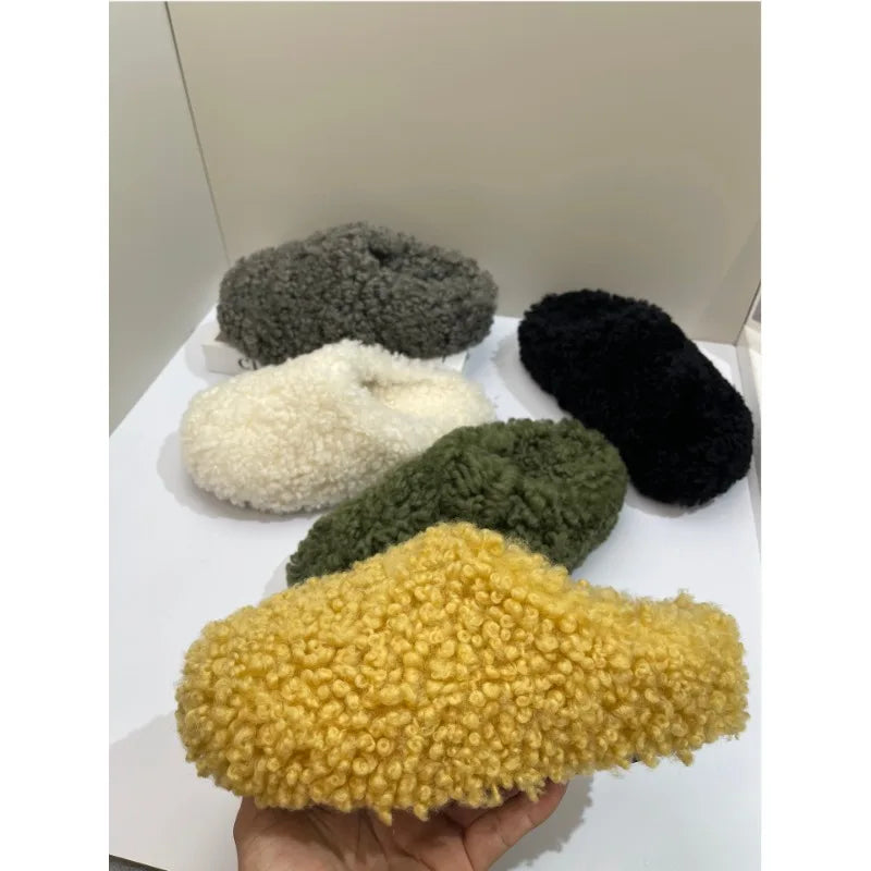 Wholesale Fluffy Real Lamb Fur Woman Slippers Luxury Home Women Flip Flops Flat Non Slip Comfortable Shoes For Indoor Outdoor