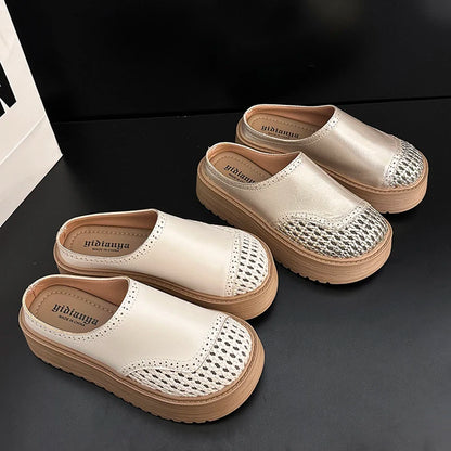 New Summer Women Ladies Stylish Perforated Woven Chunky Platform Mule Clogs Round Toe Non Slip Casual Slide Slippres Dress Shoes