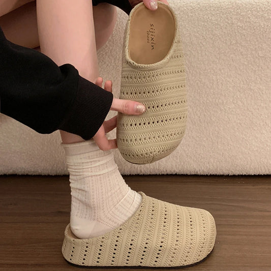 Summer Fashion Knitted Hollow Out Women Closed Toe Slip On Platform Clogs Mules Slides Breathable Casual Outdoor Shoes for Women