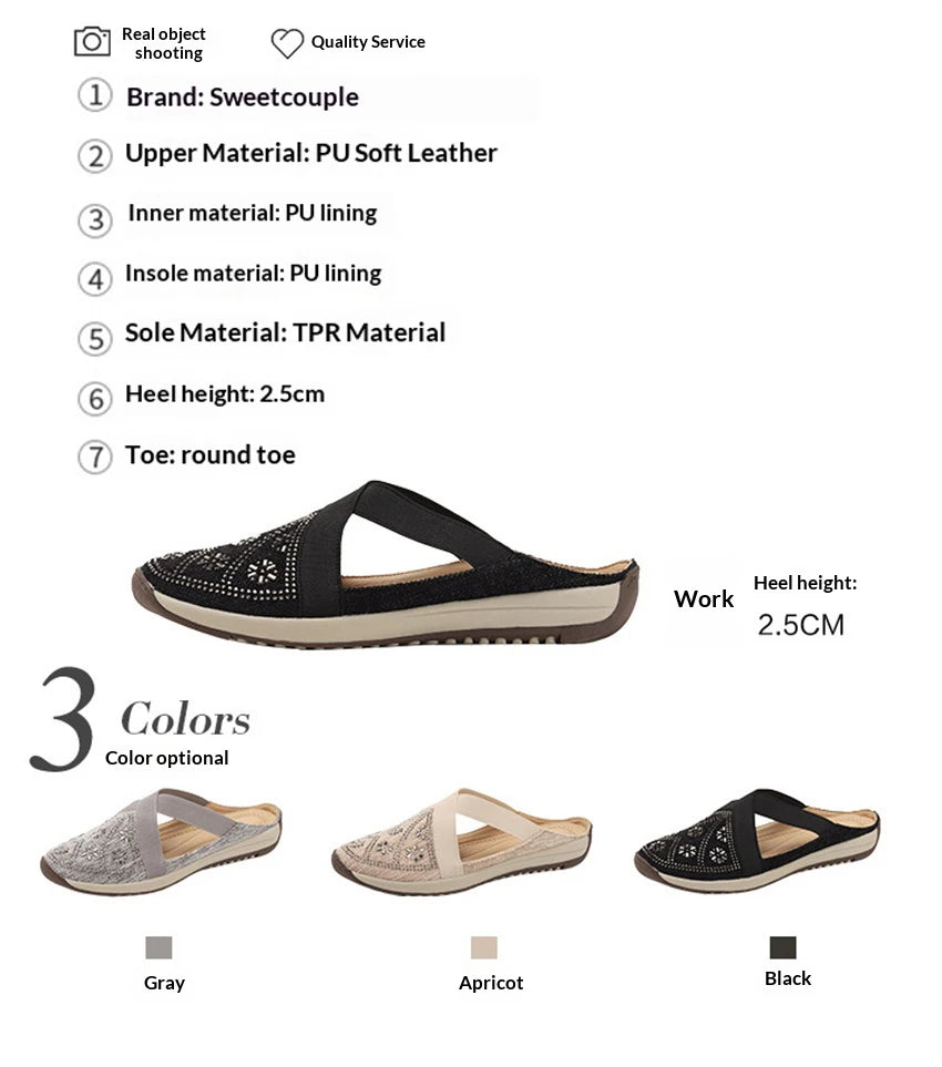 Sandals Women's mules and clogs Summer Non-Slip Canvas Bling Diamond Beach Open Toe Roman Shoes Woman Flat Heels Ladies