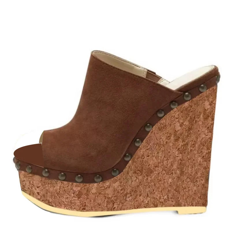 DIZHUANG Fashionable women's high-heeled slippers. Brown suede slippers. About 15cm heel height. Peep toe slippers. Wedges shoes