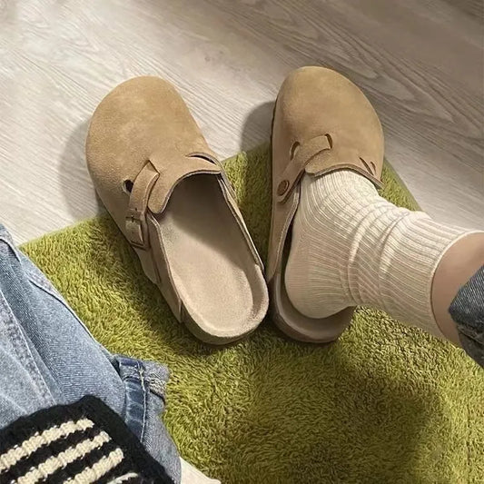 Comwarm Fashion Women's Suede Mules Slippers Men Clogs Cork Insole Sandals With Arch Support Outdoor Beach Slides Home Shoes