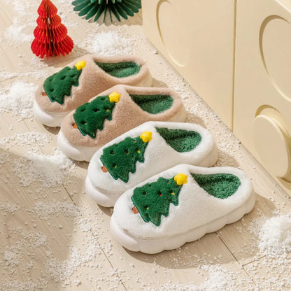Christmas Tree Women's Slippers Flat Fluffy Cartoon Winter Woman Shoes Home Plush New Luxury Designer Fuzzy Fur Slides Soft Sole
