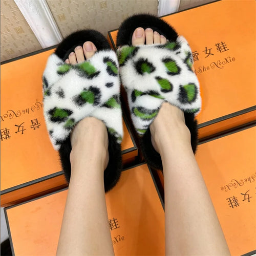 Fashion Women Slippers Mink Fur Slippers Plush Warm Female EVA Flat Bottom Non-slip Comfortable Slides Summers House Women Shoes