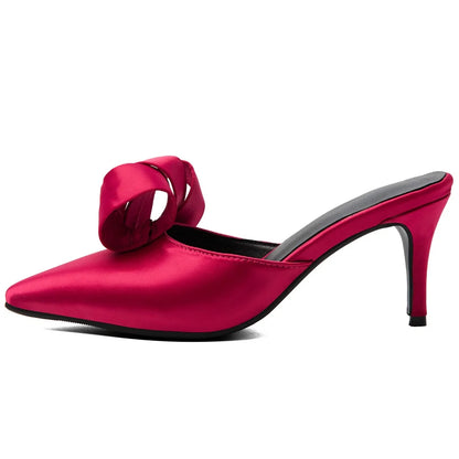 Women Satin Bow Mules High Heels Slip On Pointed Toe Backless Slippers Elegant Thin Heel Party Sandals Dress Slides Summer Shoes