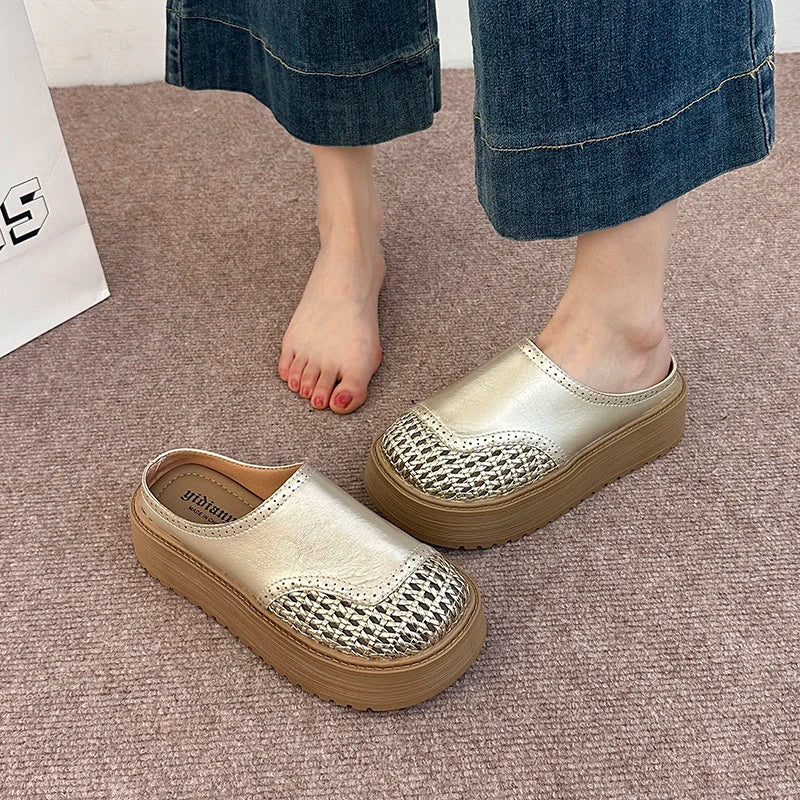 New Summer Women Ladies Stylish Perforated Woven Chunky Platform Mule Clogs Round Toe Non Slip Casual Slide Slippres Dress Shoes