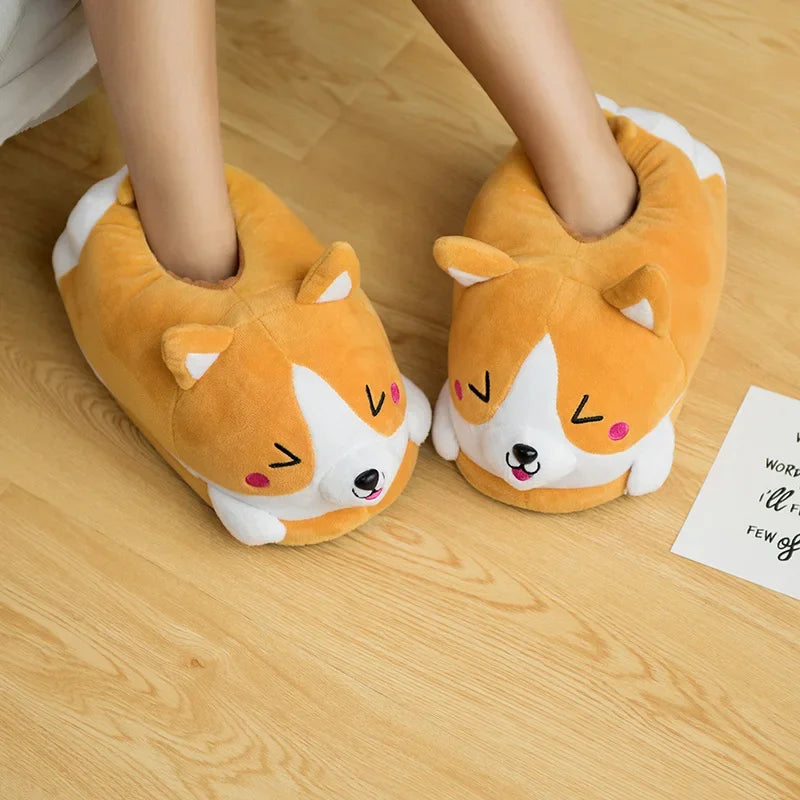 Homen Slippers Female Winter Plush Corgi Slippers Warm Women &Men Floor Indoor Shoes Cute Funny Adult Flat Slippers Zapatillas