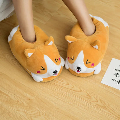 Homen Slippers Female Winter Plush Corgi Slippers Warm Women &Men Floor Indoor Shoes Cute Funny Adult Flat Slippers Zapatillas