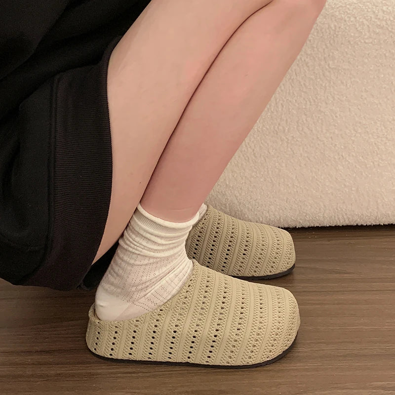 Summer Fashion Knitted Hollow Out Women Closed Toe Slip On Platform Clogs Mules Slides Breathable Casual Outdoor Shoes for Women