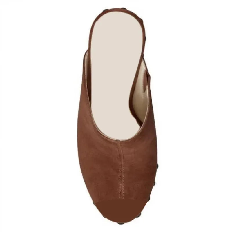 DIZHUANG Fashionable women's high-heeled slippers. Brown suede slippers. About 15cm heel height. Peep toe slippers. Wedges shoes