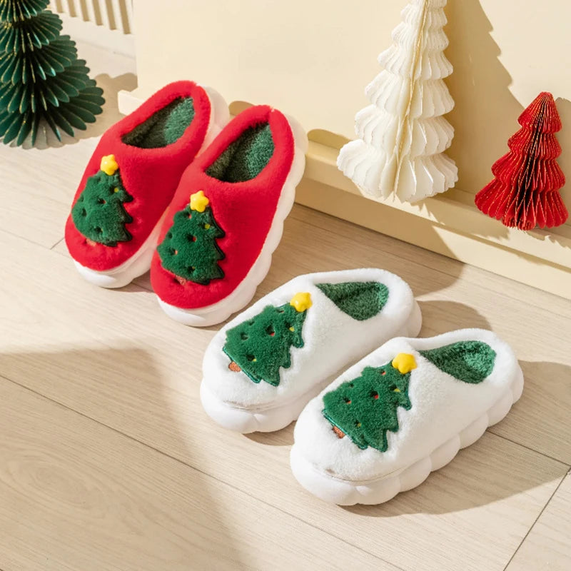 Christmas Tree Women's Slippers Flat Fluffy Cartoon Winter Woman Shoes Home Plush New Luxury Designer Fuzzy Fur Slides Soft Sole