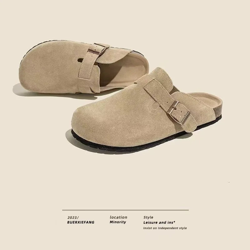 Comwarm Fashion Women's Suede Mules Slippers Men Clogs Cork Insole Sandals With Arch Support Outdoor Beach Slides Home Shoes
