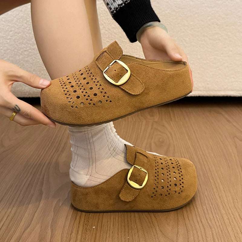 Women's Suede Perforated Buckle Clogs Mules Slides Closed Toe Slip On Breathable Flat Casual Summer Fashion Slippers Shoes Woman